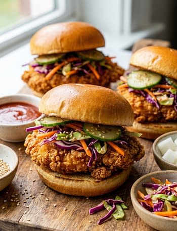 Korean Style Crispy Chicken Sliders with Gochujang Slaw