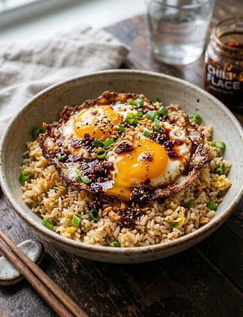 Crispy Chili Oil Eggs with Garlic Rice
