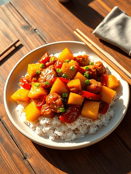yasir arafat A vibrant plate of Pineapple Chicken with juicy g f6927e21 810d 4f81 94fa 89fca1588816