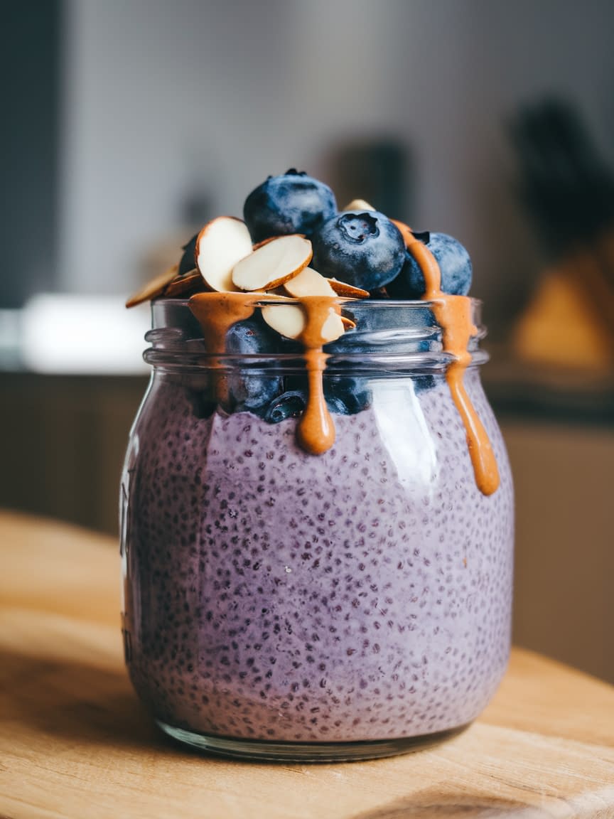 Blueberry Chia Pudding with Almond Butter Drizzle - Petite Panini