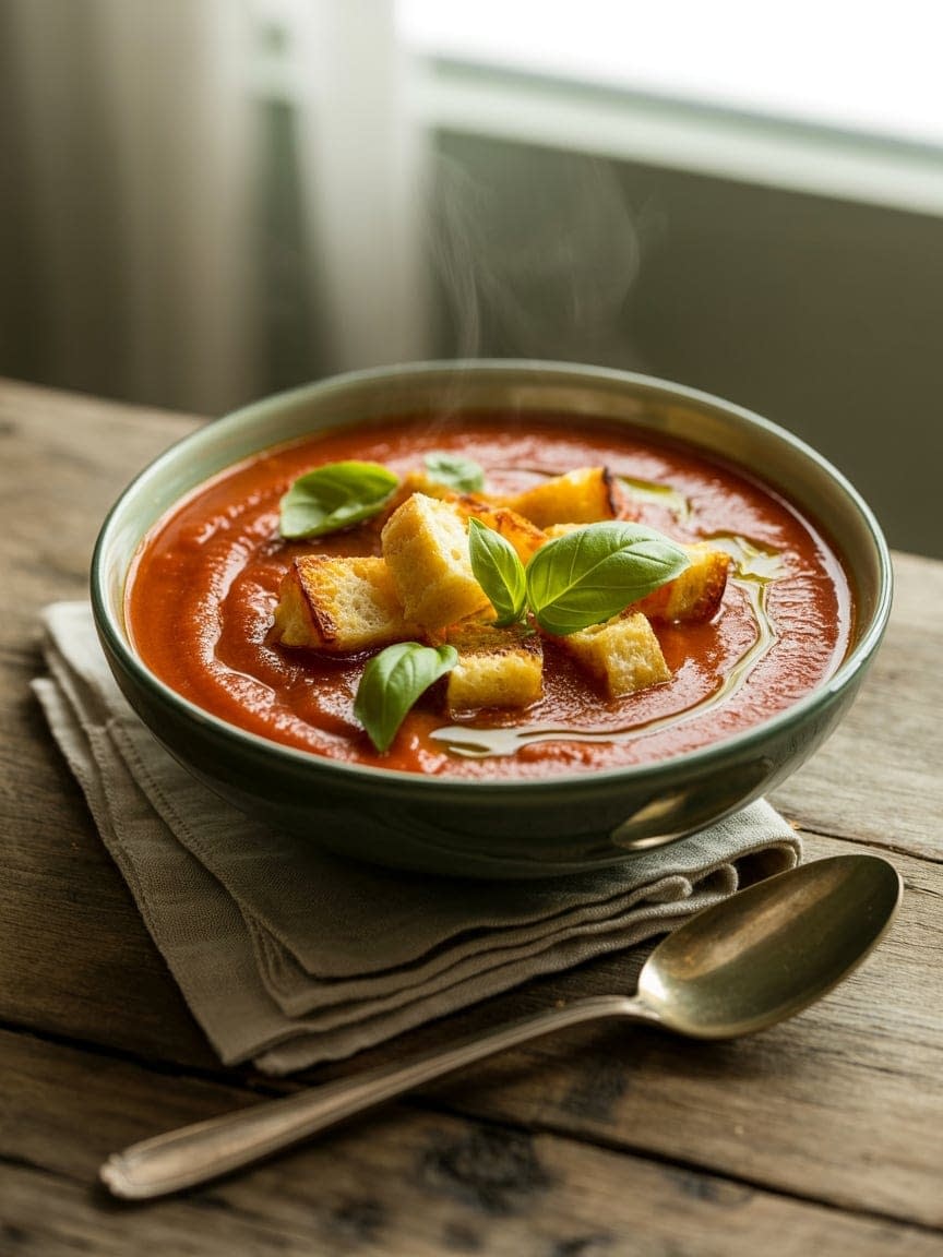 Tomato & Red Pepper Soup with Cheese Croutons Recipe - Petite Panini