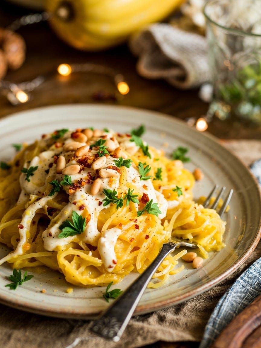 Spaghetti Squash with Vegan Alfredo Sauce Recipe - Petite Panini