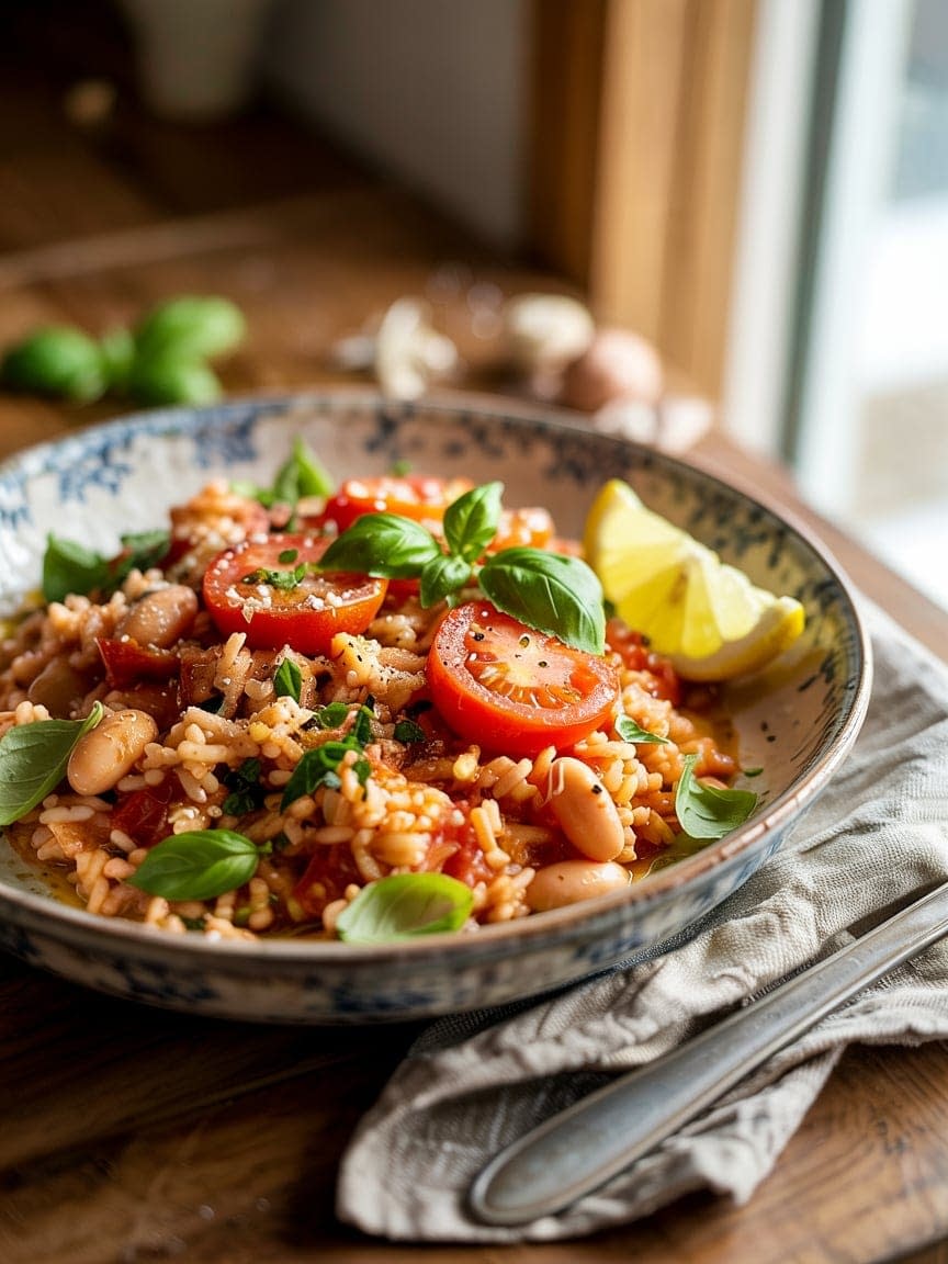 One-Pot Tomato Basil Rice with White Beans Recipe - Petite Panini