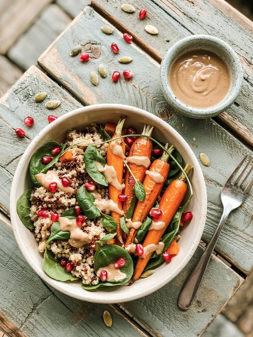 Maple Roasted Carrot & Quinoa Bowl with Tahini Drizzle Recipe - Petite Panini