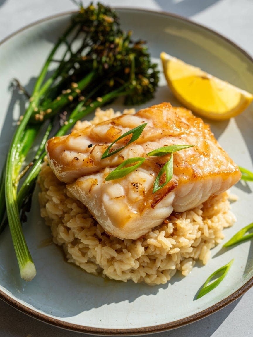 Buttery Miso Cod with Scallion Rice & Charred Greens Recipe - Petite Panini