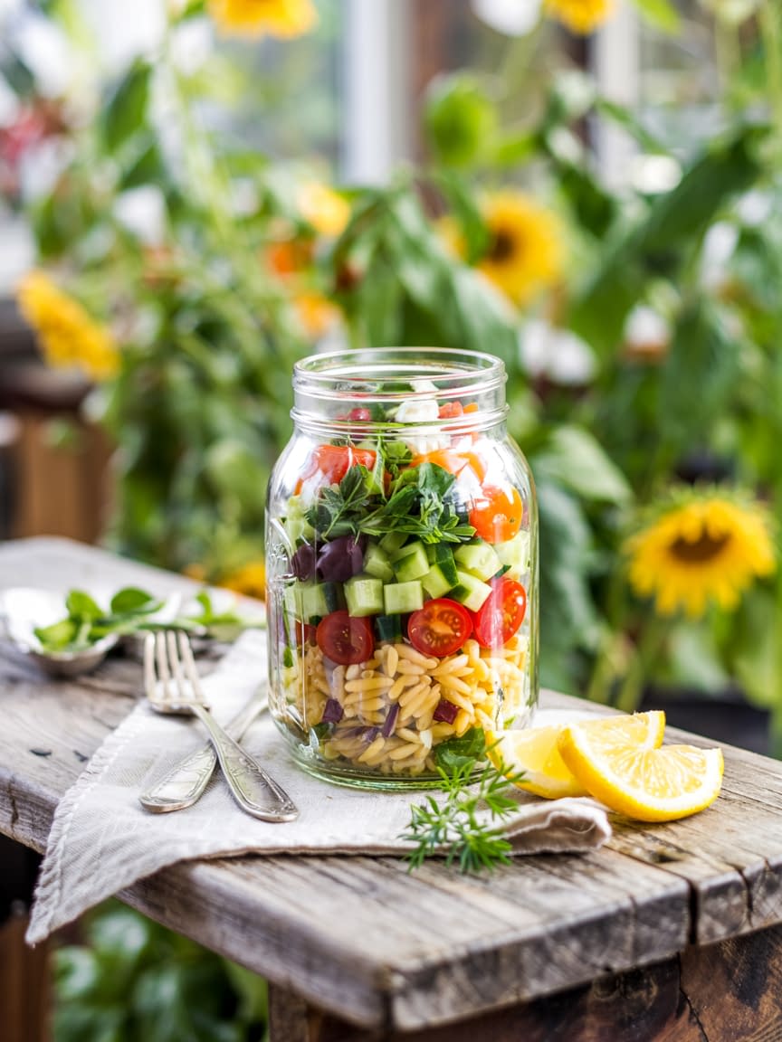 Orzo Jar Salad with Cucumber, Olives & Dill Recipe - Petite Panini
