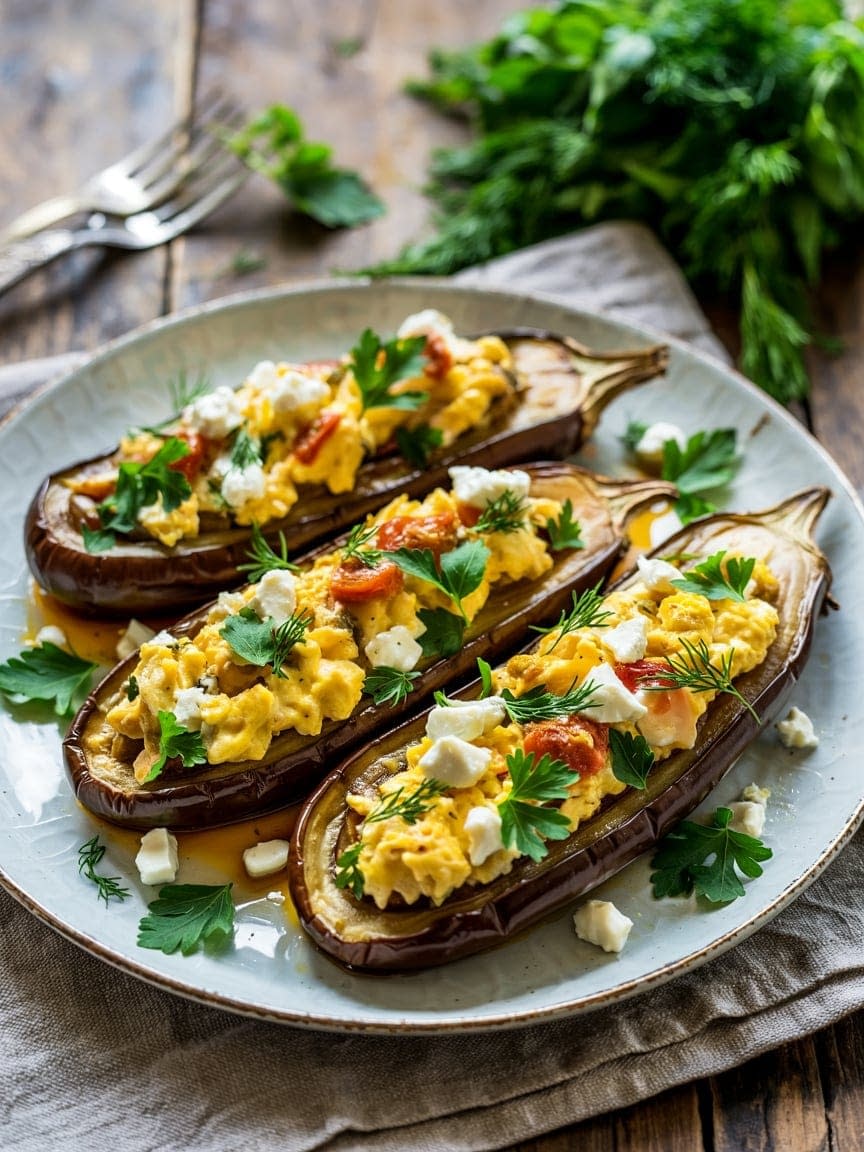 Baked Eggplant Boats with Herbed Scrambled Eggs Recipe - Petite Panini