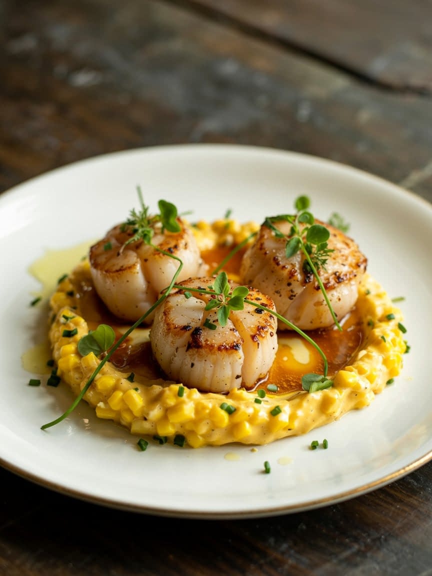 Seared Scallops with Corn Purée & Brown Butter Recipe - Petite Panini