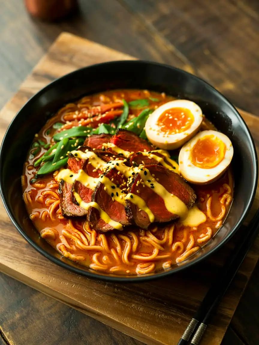 Spicy korean ramen with grilled beef and creamy sauce Recipe - Petite Panini